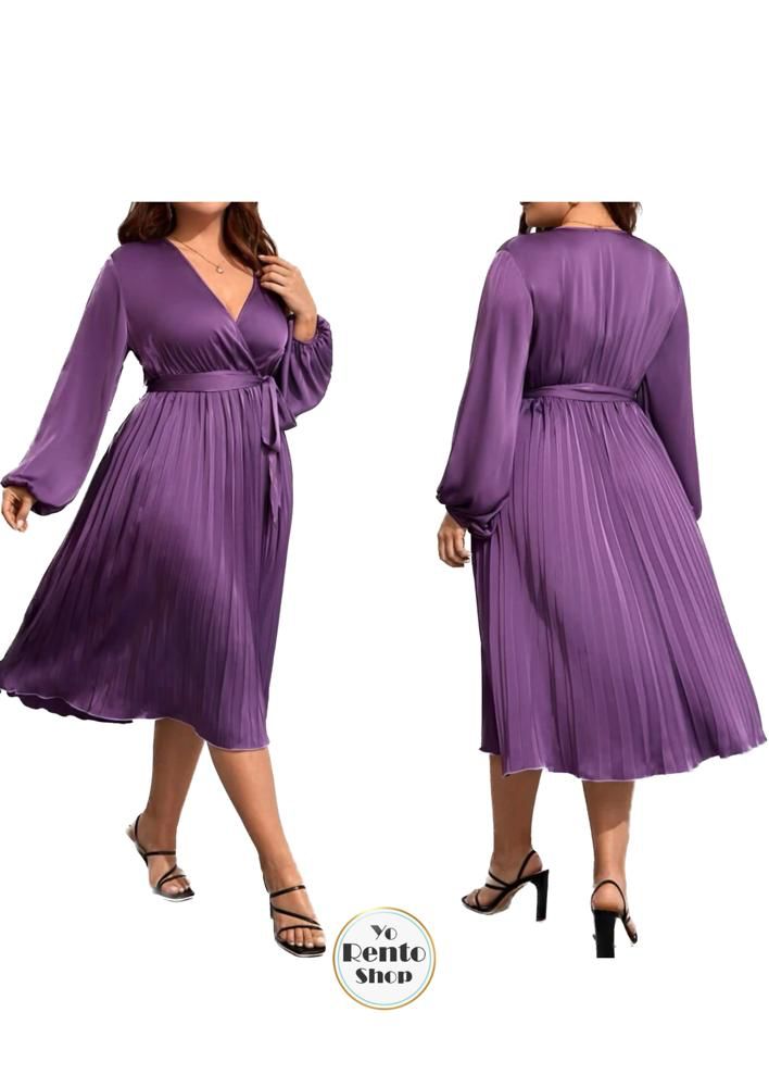 G01619 Vestido morado manga larga tela plisada en falda